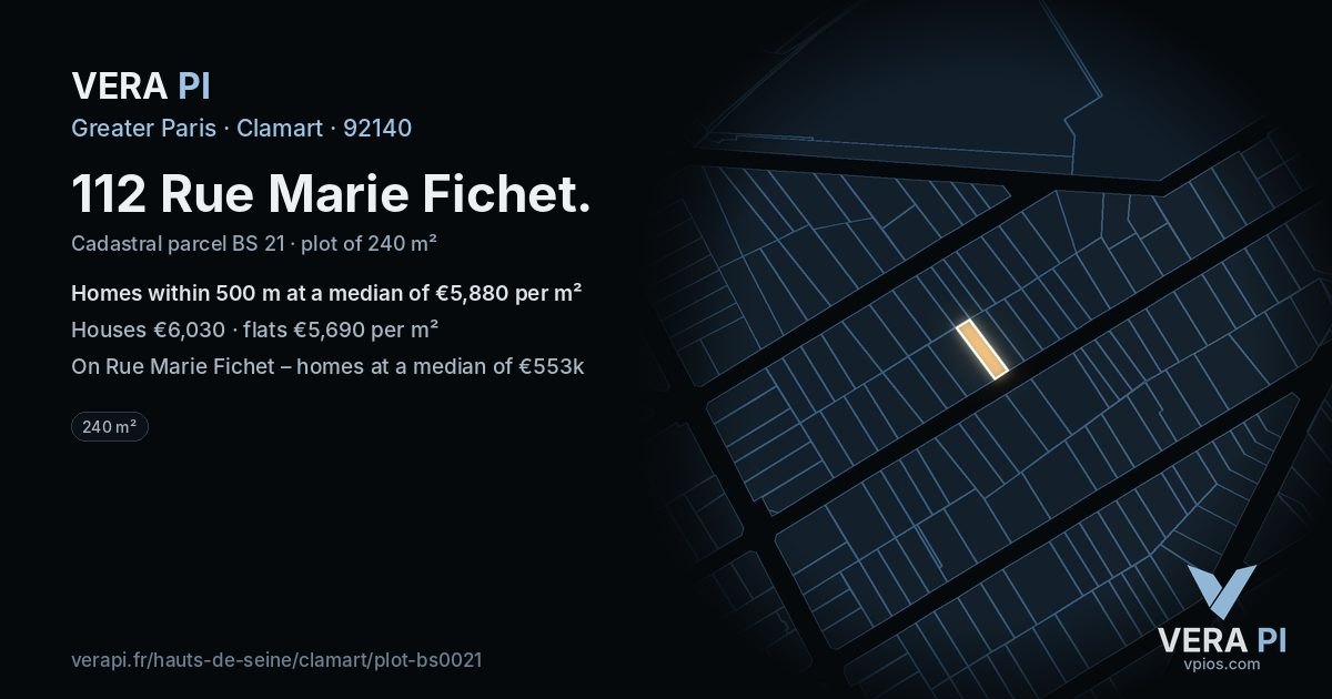 112 Rue Marie Fichet, Clamart at night – the plot lit, the parcels around coloured by the prices near them