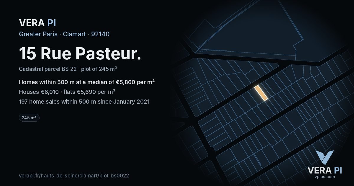 15 Rue Pasteur, Clamart at night – the plot lit, the parcels around coloured by the prices near them