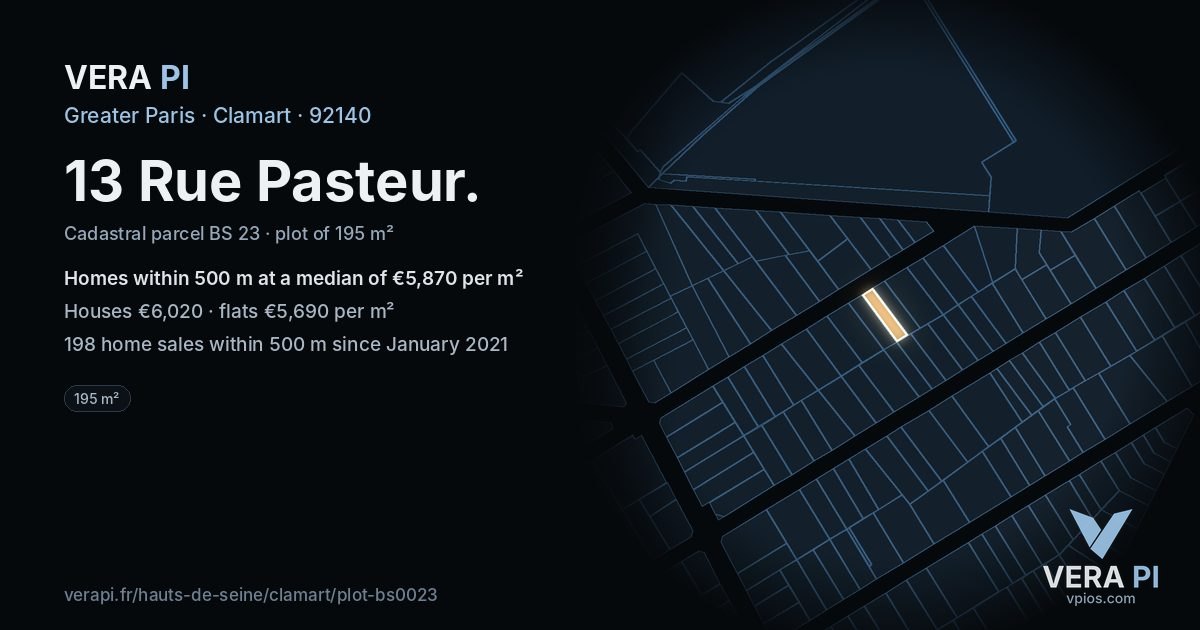 13 Rue Pasteur, Clamart at night – the plot lit, the parcels around coloured by the prices near them