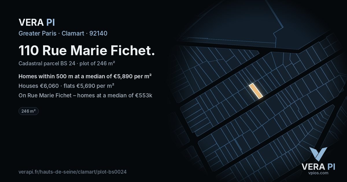110 Rue Marie Fichet, Clamart at night – the plot lit, the parcels around coloured by the prices near them