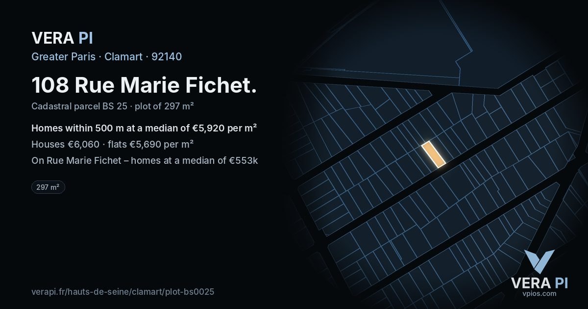 108 Rue Marie Fichet, Clamart at night – the plot lit, the parcels around coloured by the prices near them