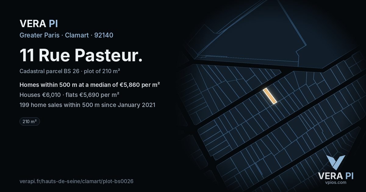 11 Rue Pasteur, Clamart at night – the plot lit, the parcels around coloured by the prices near them
