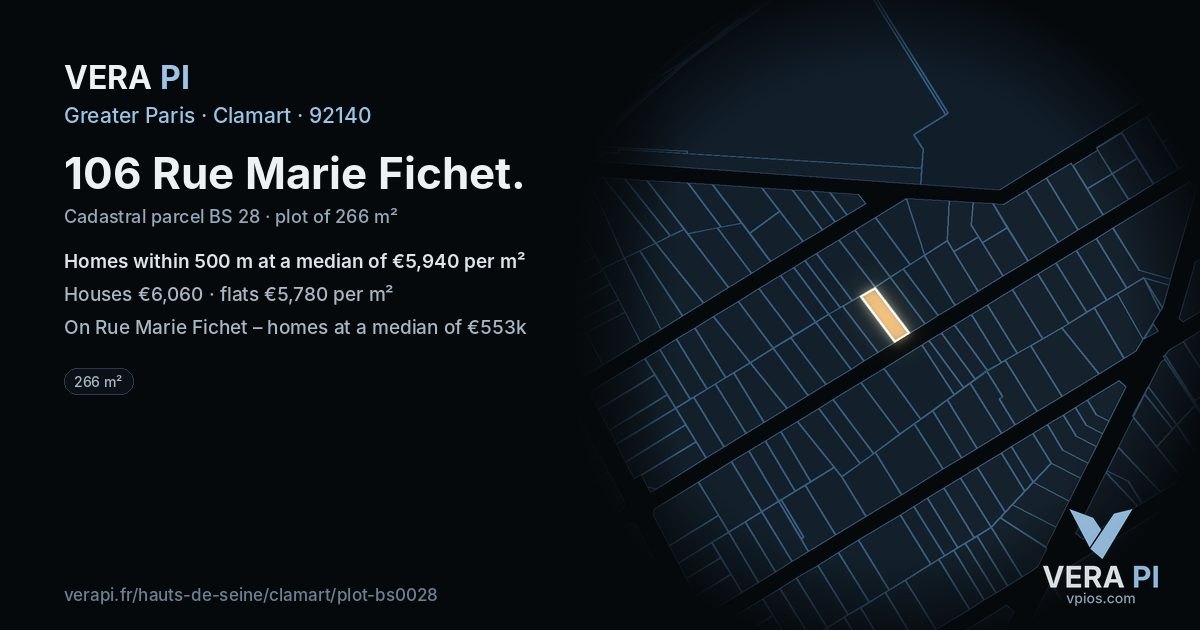 106 Rue Marie Fichet, Clamart at night – the plot lit, the parcels around coloured by the prices near them
