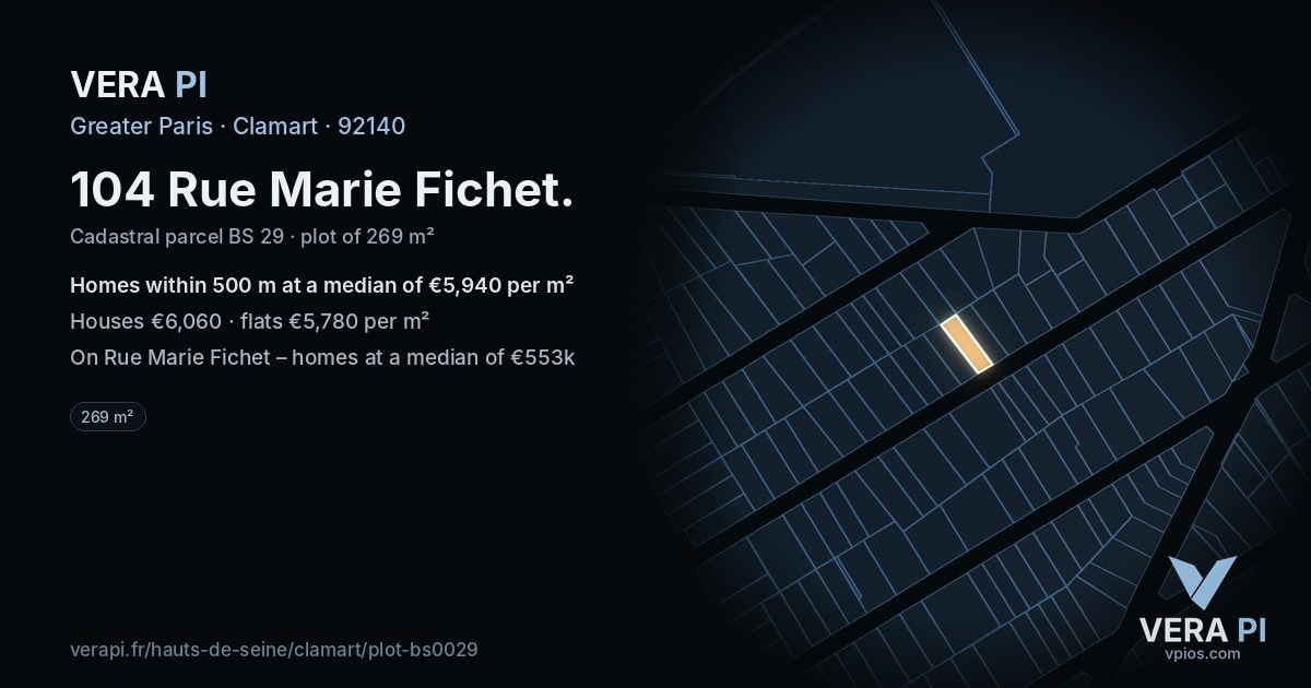 104 Rue Marie Fichet, Clamart at night – the plot lit, the parcels around coloured by the prices near them