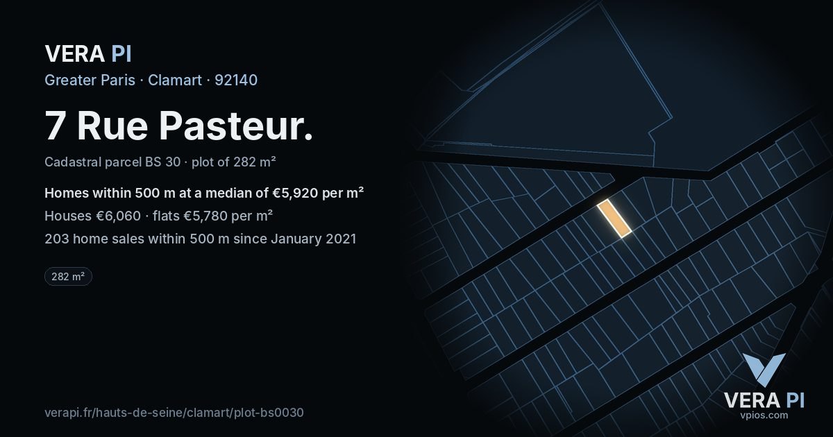 7 Rue Pasteur, Clamart at night – the plot lit, the parcels around coloured by the prices near them