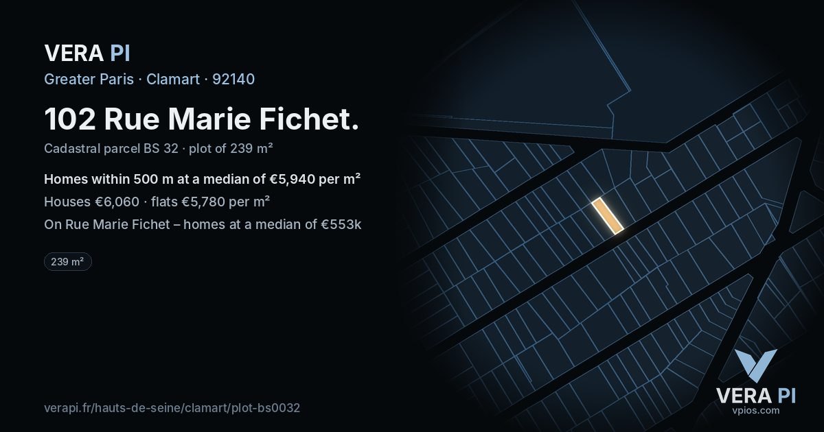 102 Rue Marie Fichet, Clamart at night – the plot lit, the parcels around coloured by the prices near them