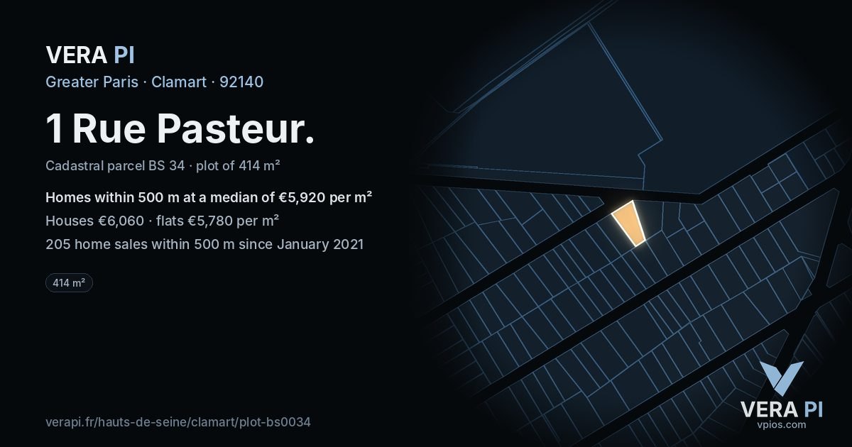 1 Rue Pasteur, Clamart at night – the plot lit, the parcels around coloured by the prices near them