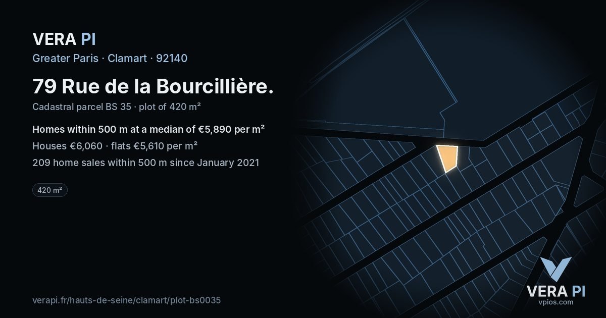 79 Rue de la Bourcillière, Clamart at night – the plot lit, the parcels around coloured by the prices near them