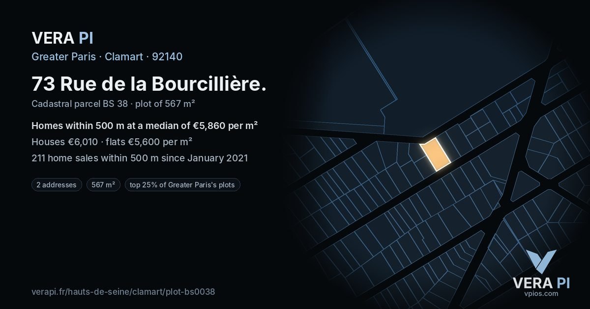 73 Rue de la Bourcillière, Clamart at night – the plot lit, the parcels around coloured by the prices near them
