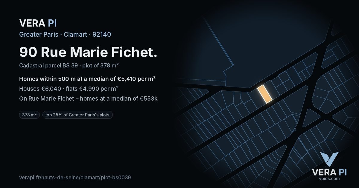 90 Rue Marie Fichet, Clamart at night – the plot lit, the parcels around coloured by the prices near them