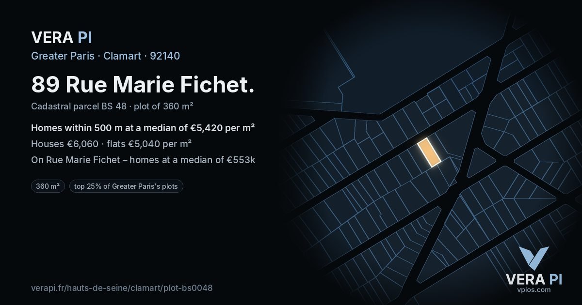 89 Rue Marie Fichet, Clamart at night – the plot lit, the parcels around coloured by the prices near them