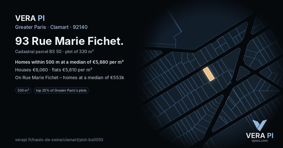 93 Rue Marie Fichet, Clamart at night – the plot lit, the parcels around coloured by the prices near them