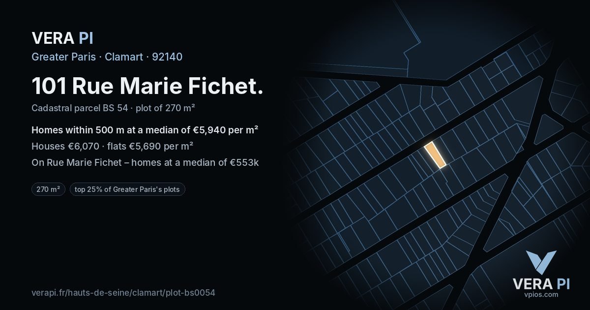101 Rue Marie Fichet, Clamart at night – the plot lit, the parcels around coloured by the prices near them