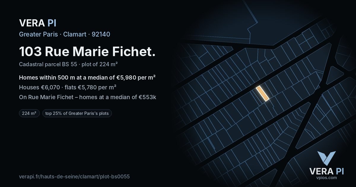 103 Rue Marie Fichet, Clamart at night – the plot lit, the parcels around coloured by the prices near them