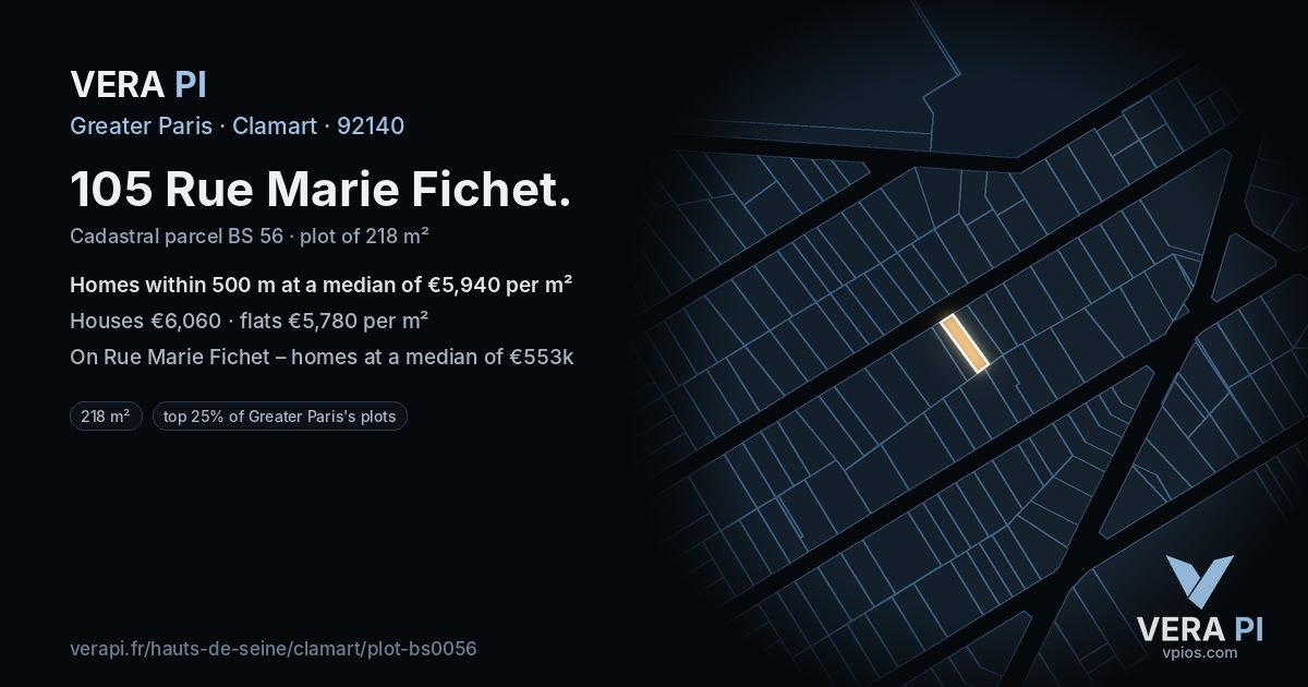 105 Rue Marie Fichet, Clamart at night – the plot lit, the parcels around coloured by the prices near them