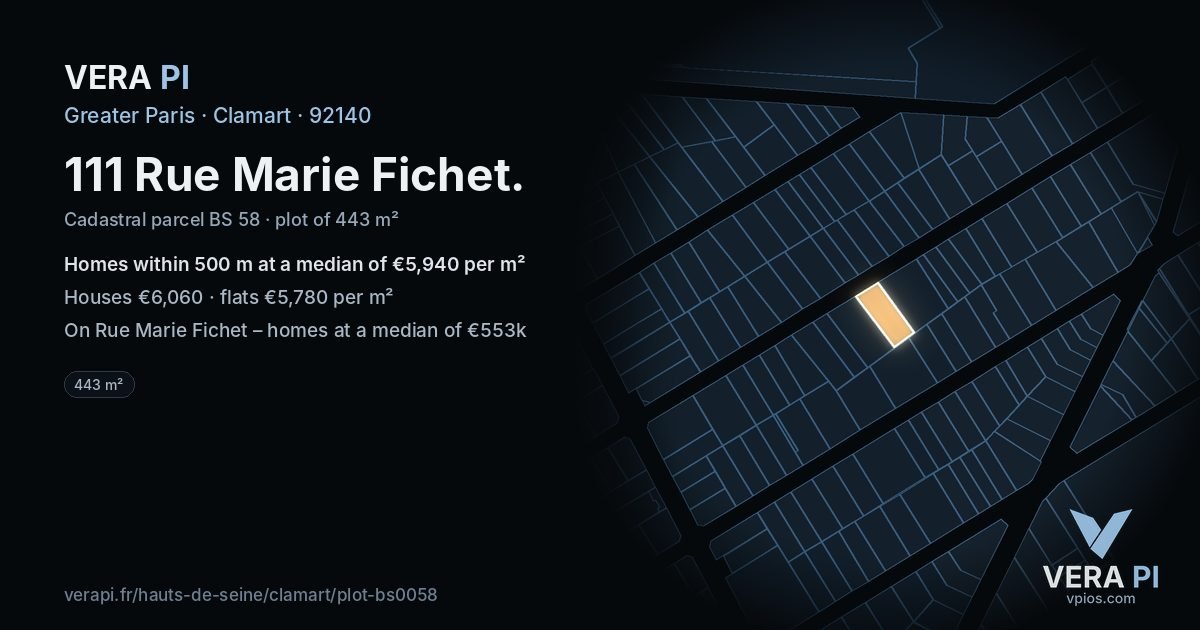 111 Rue Marie Fichet, Clamart at night – the plot lit, the parcels around coloured by the prices near them