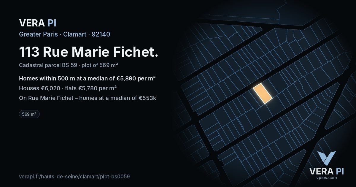 113 Rue Marie Fichet, Clamart at night – the plot lit, the parcels around coloured by the prices near them