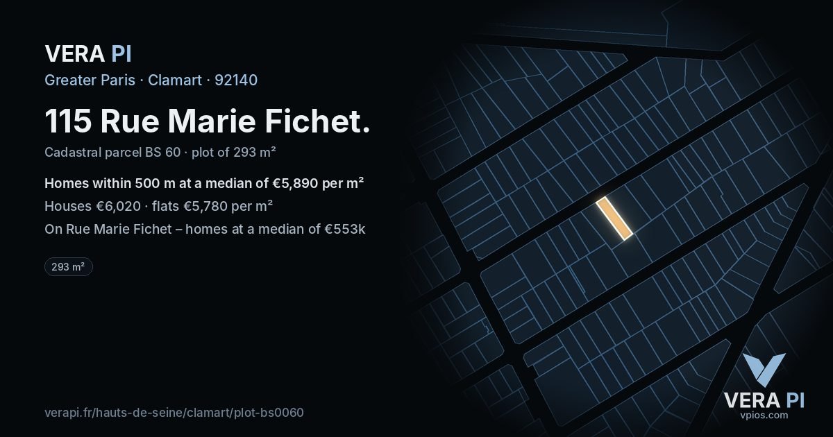 115 Rue Marie Fichet, Clamart at night – the plot lit, the parcels around coloured by the prices near them