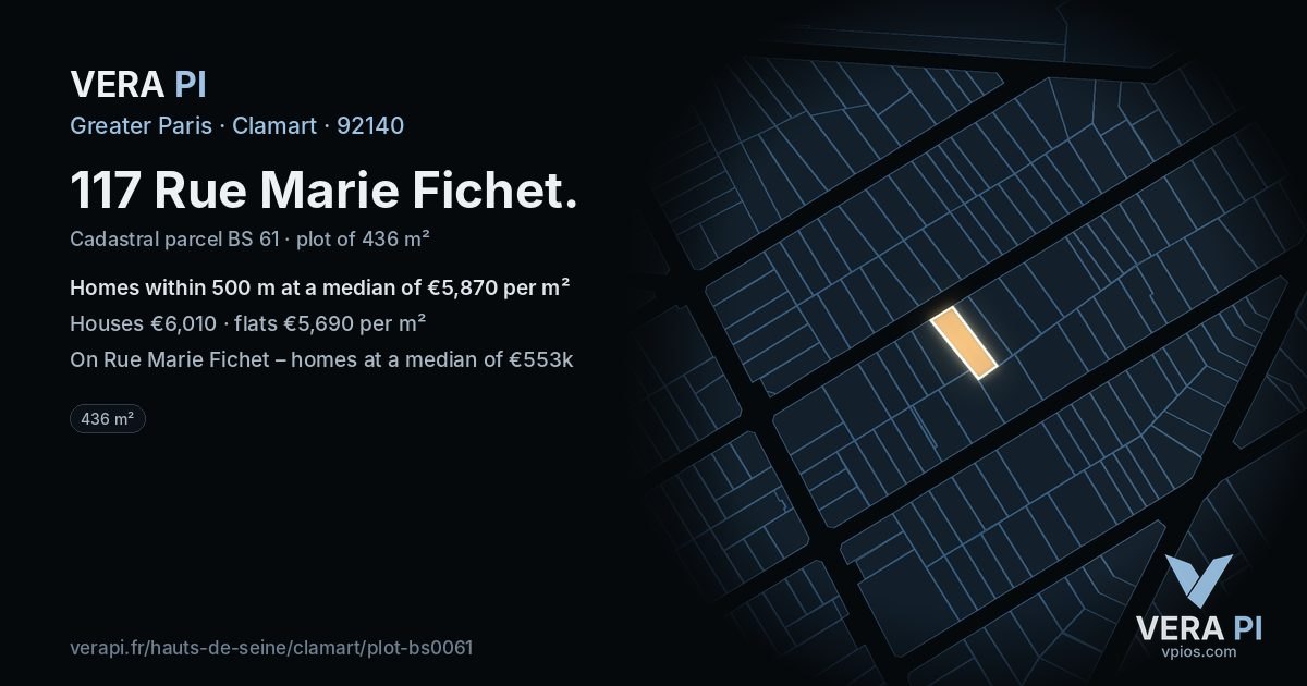 117 Rue Marie Fichet, Clamart at night – the plot lit, the parcels around coloured by the prices near them