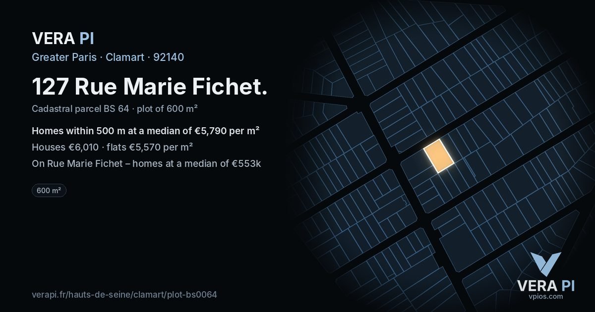 127 Rue Marie Fichet, Clamart at night – the plot lit, the parcels around coloured by the prices near them