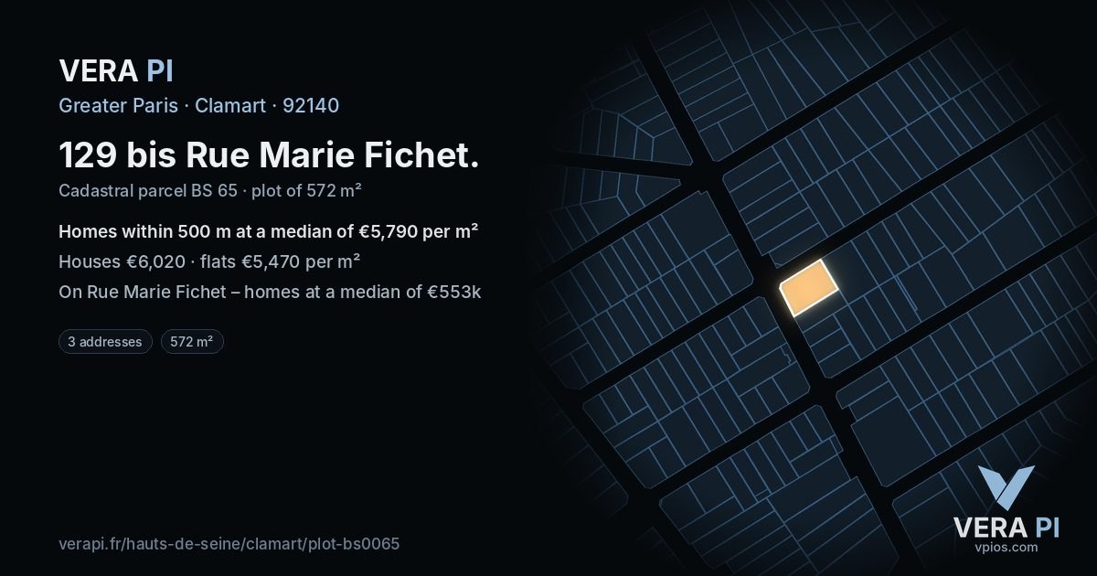 129 bis Rue Marie Fichet, Clamart at night – the plot lit, the parcels around coloured by the prices near them