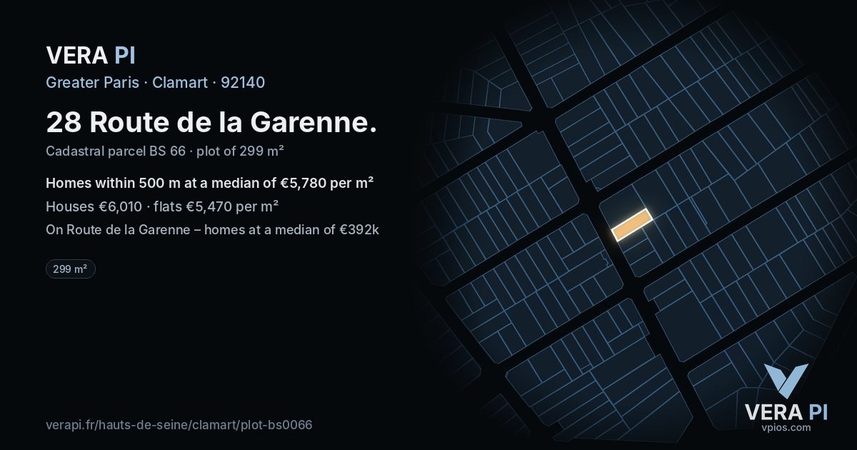 28 Route de la Garenne, Clamart at night – the plot lit, the parcels around coloured by the prices near them