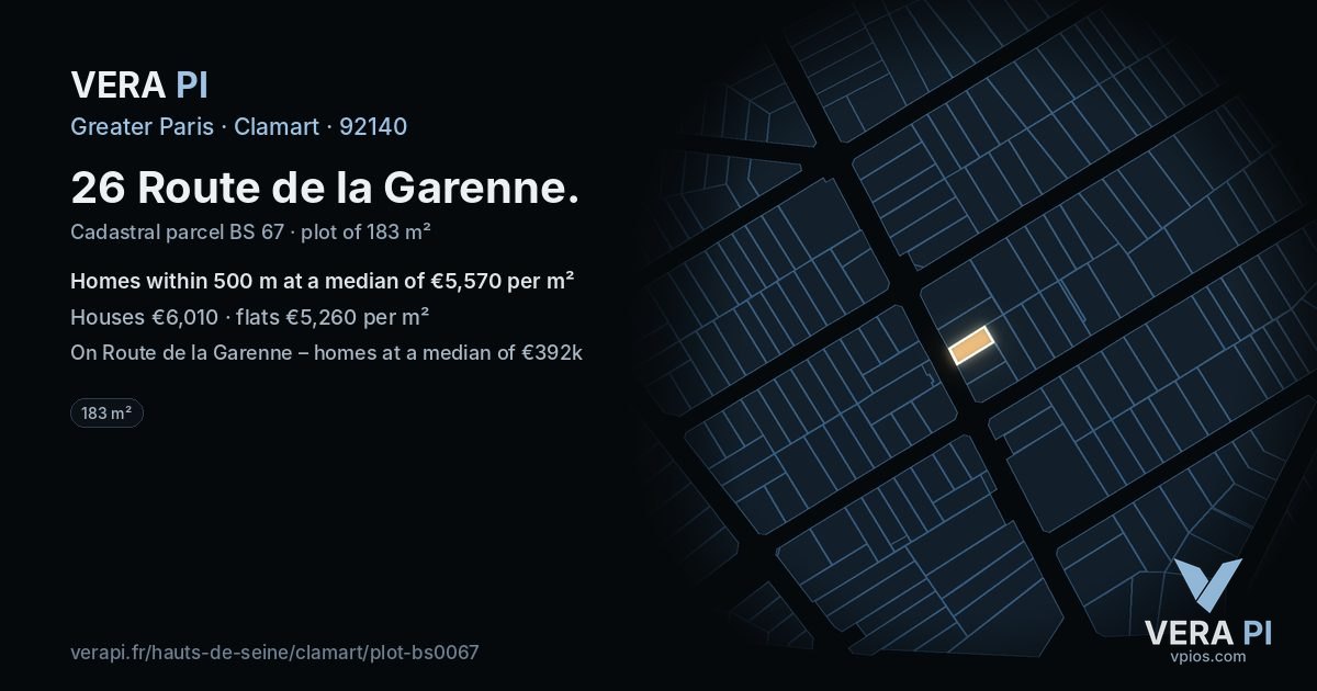 26 Route de la Garenne, Clamart at night – the plot lit, the parcels around coloured by the prices near them