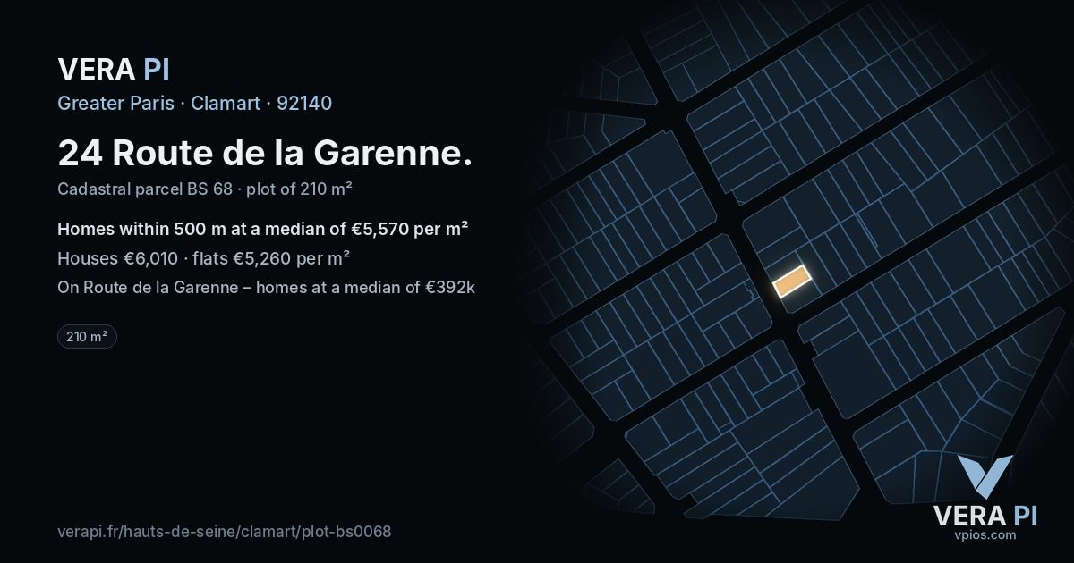24 Route de la Garenne, Clamart at night – the plot lit, the parcels around coloured by the prices near them