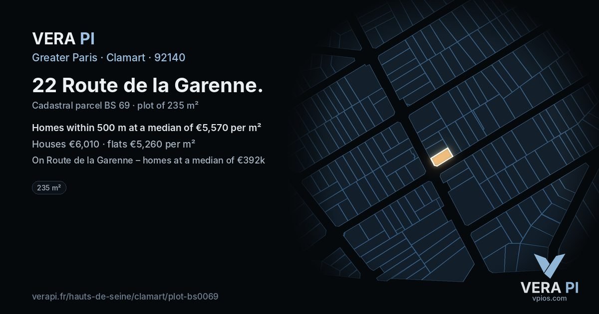 22 Route de la Garenne, Clamart at night – the plot lit, the parcels around coloured by the prices near them
