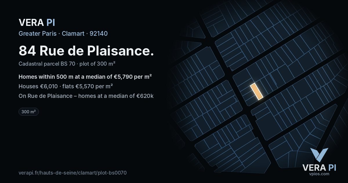 84 Rue de Plaisance, Clamart at night – the plot lit, the parcels around coloured by the prices near them