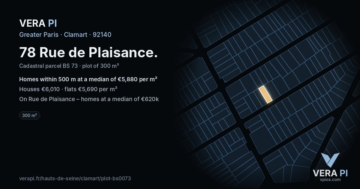 78 Rue de Plaisance, Clamart at night – the plot lit, the parcels around coloured by the prices near them