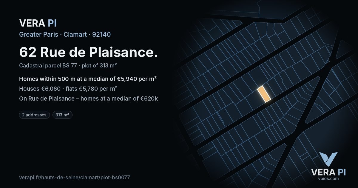 62 Rue de Plaisance, Clamart at night – the plot lit, the parcels around coloured by the prices near them