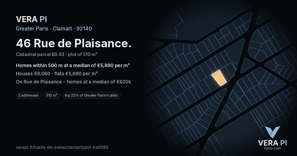 46 Rue de Plaisance, Clamart at night – the plot lit, the parcels around coloured by the prices near them