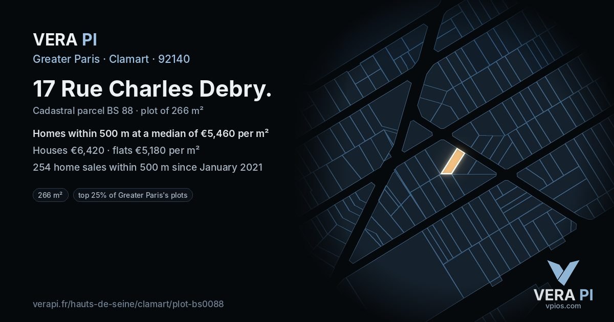 17 Rue Charles Debry, Clamart at night – the plot lit, the parcels around coloured by the prices near them