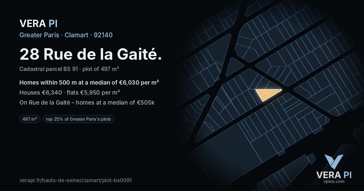 28 Rue de la Gaité, Clamart at night – the plot lit, the parcels around coloured by the prices near them
