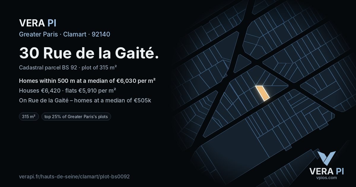 30 Rue de la Gaité, Clamart at night – the plot lit, the parcels around coloured by the prices near them