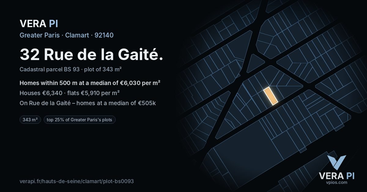32 Rue de la Gaité, Clamart at night – the plot lit, the parcels around coloured by the prices near them