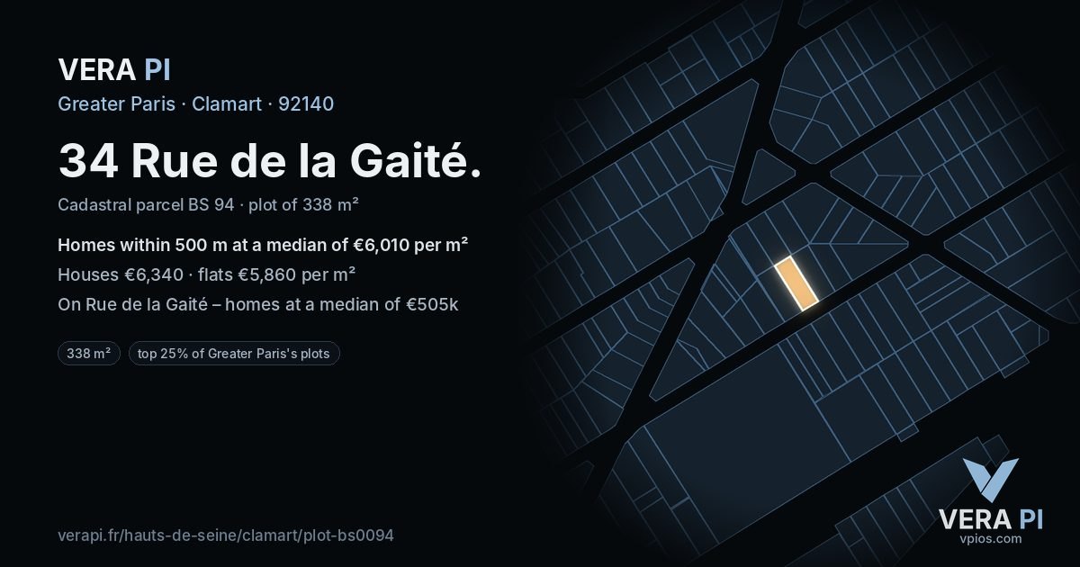 34 Rue de la Gaité, Clamart at night – the plot lit, the parcels around coloured by the prices near them
