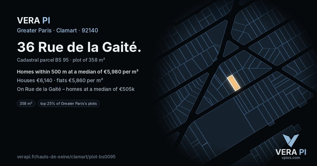 36 Rue de la Gaité, Clamart at night – the plot lit, the parcels around coloured by the prices near them