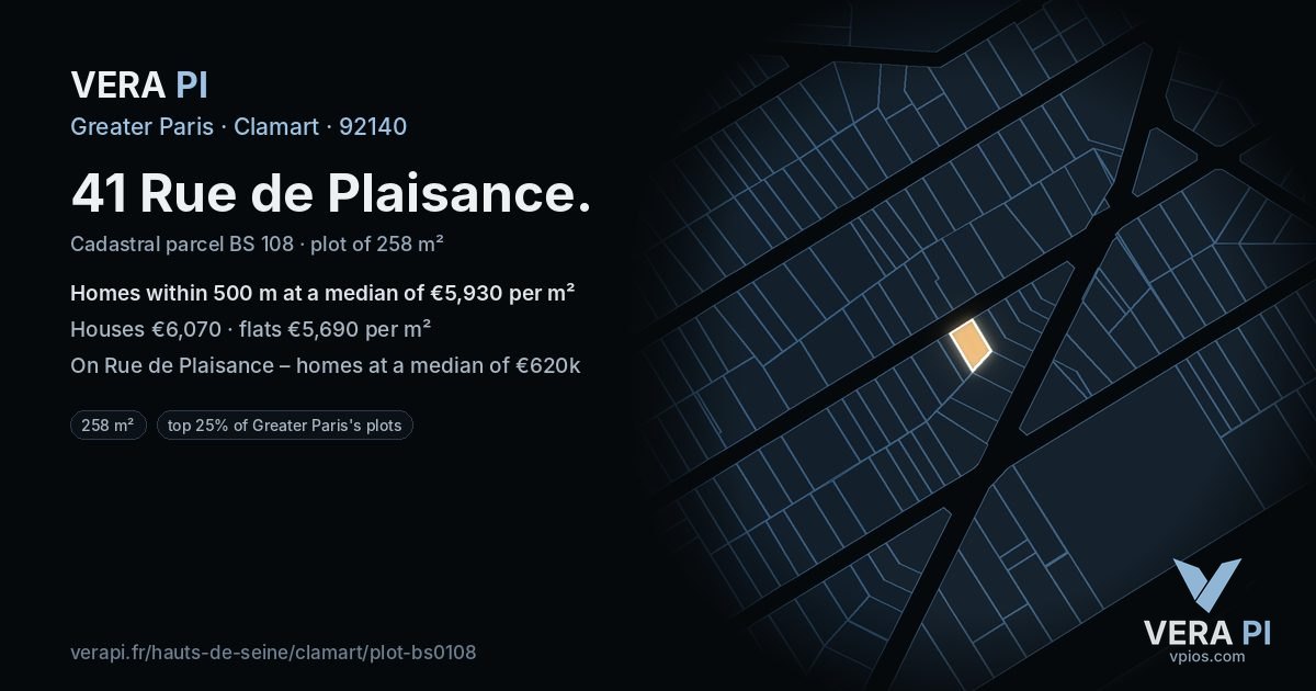 41 Rue de Plaisance, Clamart at night – the plot lit, the parcels around coloured by the prices near them
