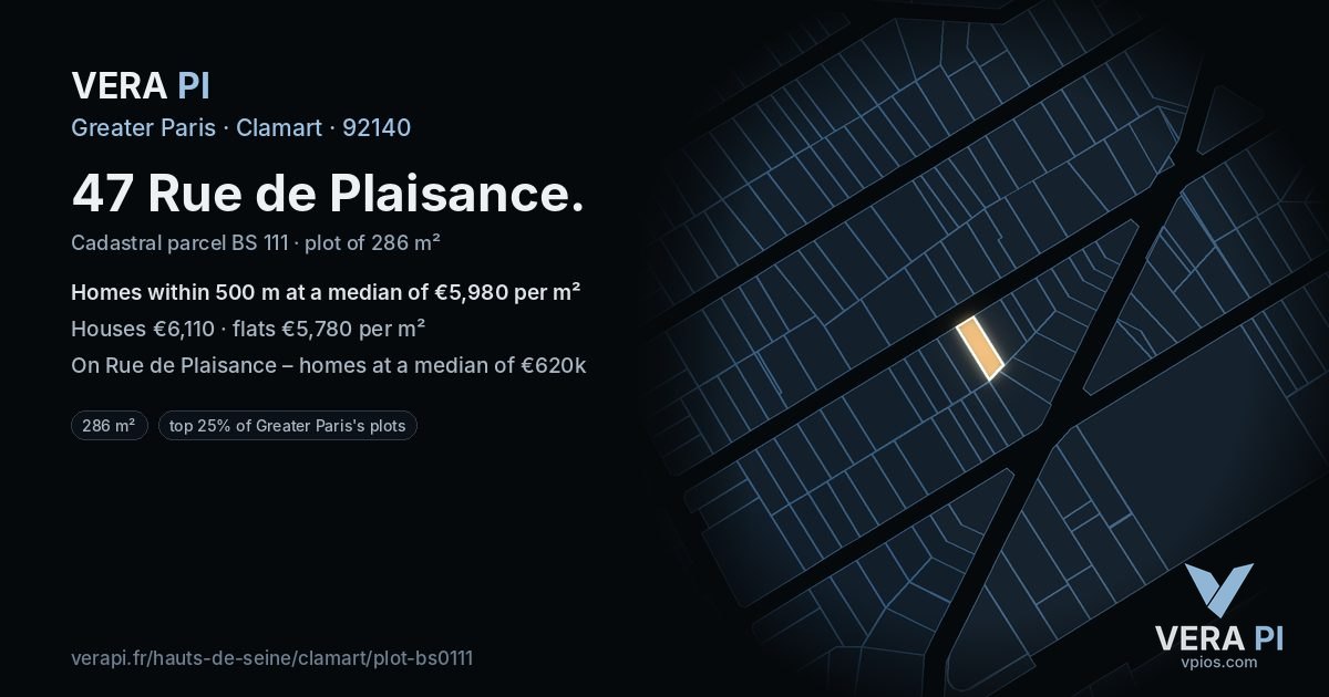 47 Rue de Plaisance, Clamart at night – the plot lit, the parcels around coloured by the prices near them
