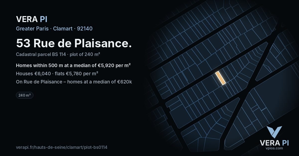 53 Rue de Plaisance, Clamart at night – the plot lit, the parcels around coloured by the prices near them