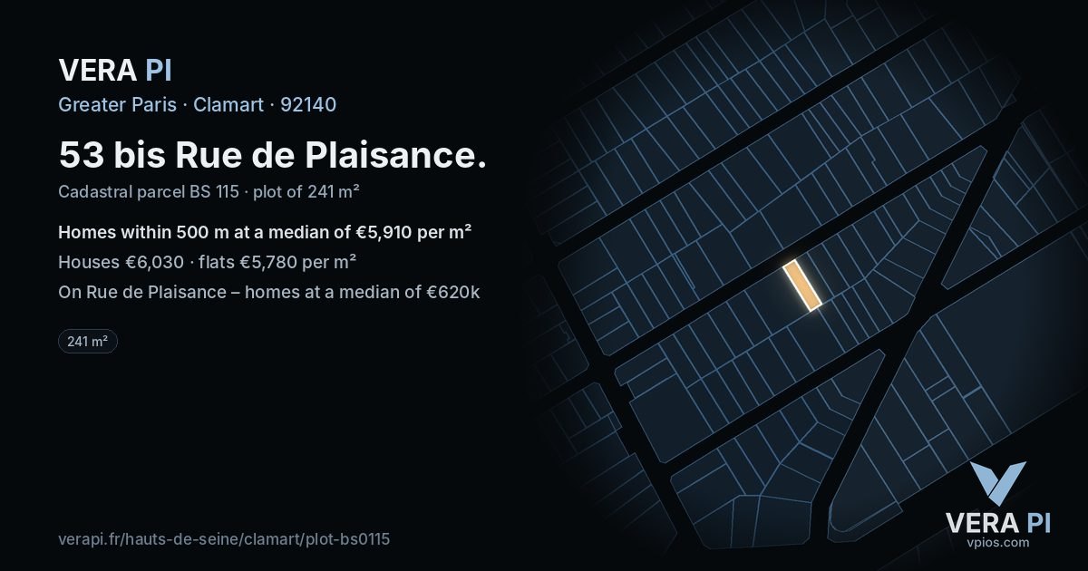 53 bis Rue de Plaisance, Clamart at night – the plot lit, the parcels around coloured by the prices near them