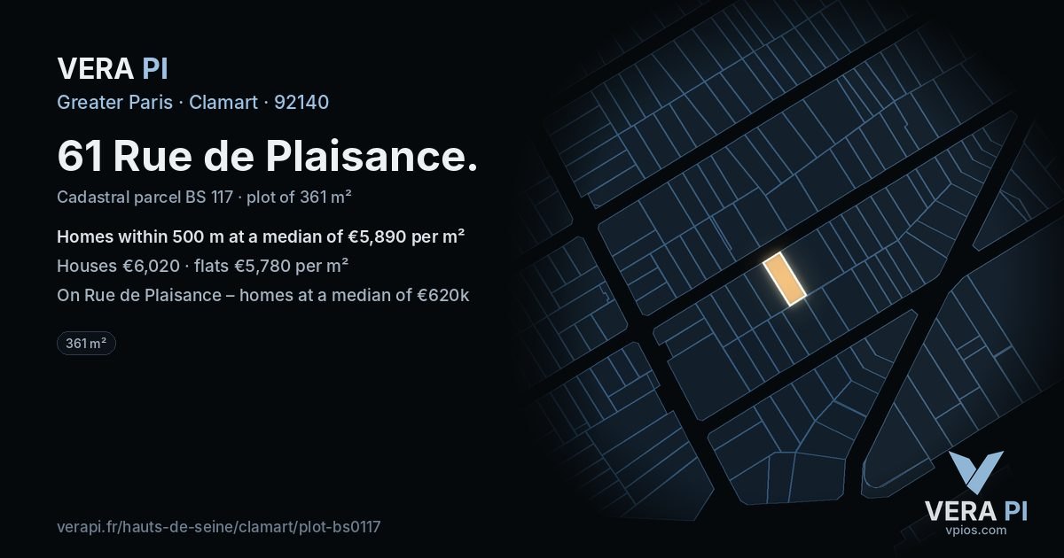 61 Rue de Plaisance, Clamart at night – the plot lit, the parcels around coloured by the prices near them