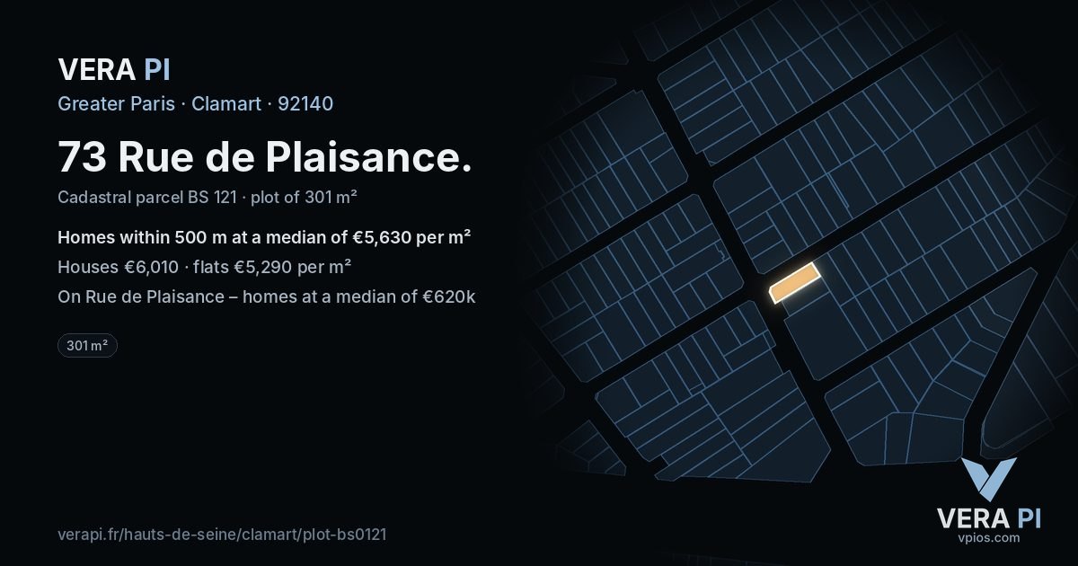 73 Rue de Plaisance, Clamart at night – the plot lit, the parcels around coloured by the prices near them
