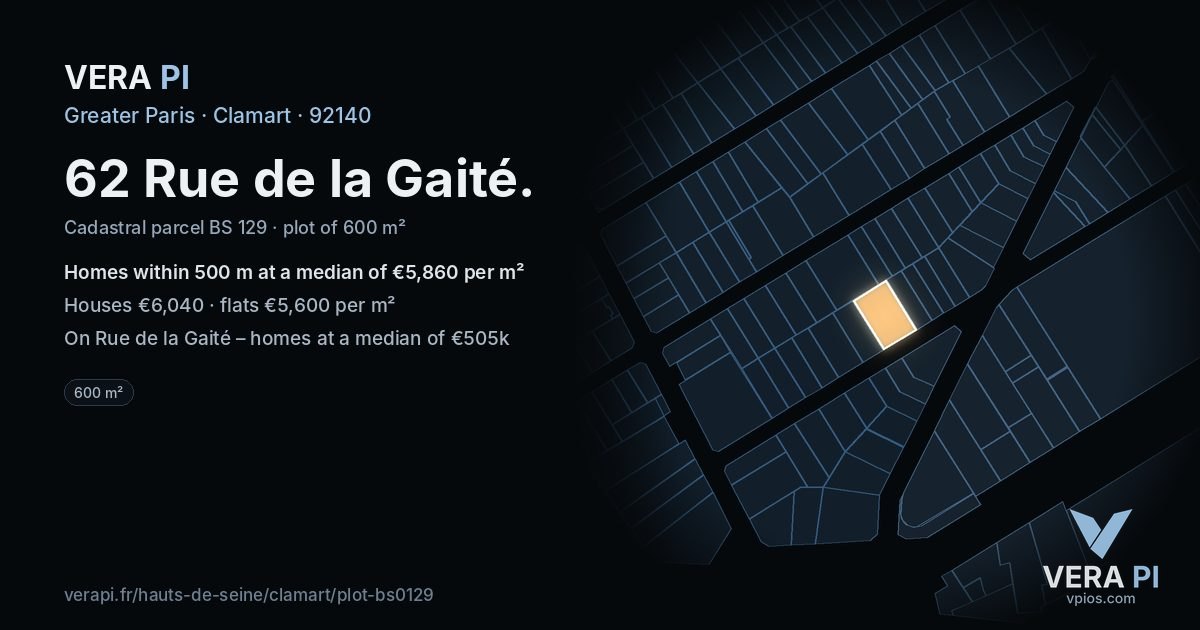 62 Rue de la Gaité, Clamart at night – the plot lit, the parcels around coloured by the prices near them