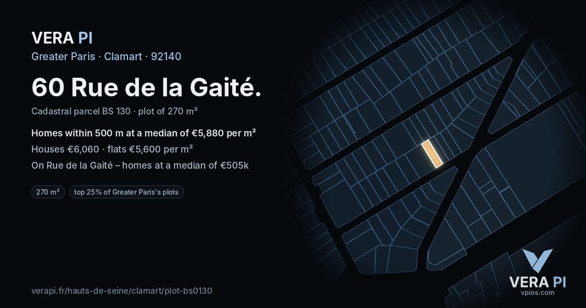 60 Rue de la Gaité, Clamart at night – the plot lit, the parcels around coloured by the prices near them