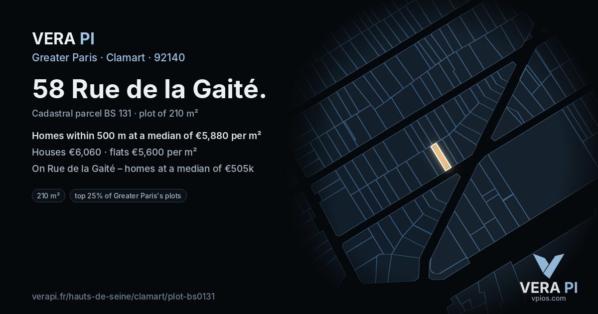 58 Rue de la Gaité, Clamart at night – the plot lit, the parcels around coloured by the prices near them