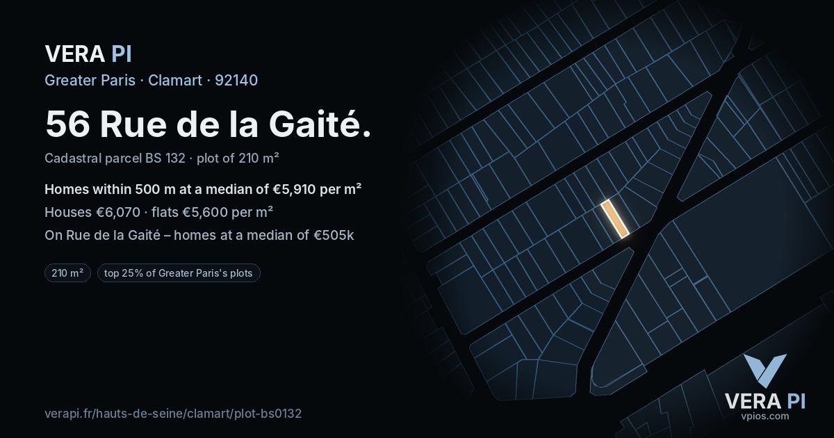 56 Rue de la Gaité, Clamart at night – the plot lit, the parcels around coloured by the prices near them