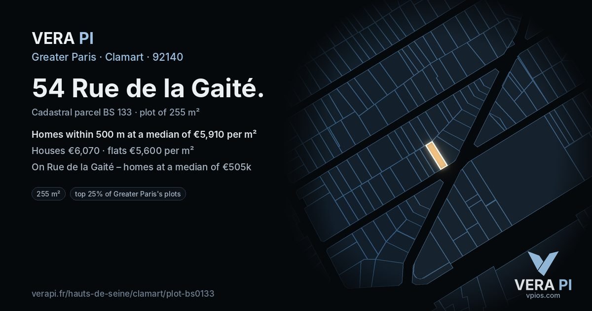 54 Rue de la Gaité, Clamart at night – the plot lit, the parcels around coloured by the prices near them